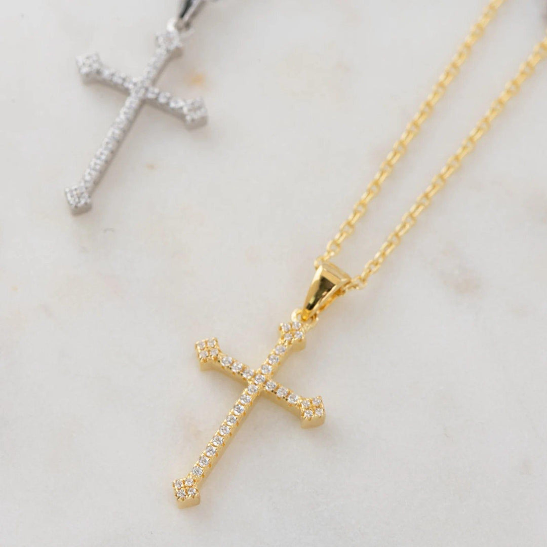 14K GOLD RELIGIOUS CROSS DELICATE MOISSANITE DIAMOND PENDANT NECKLACE