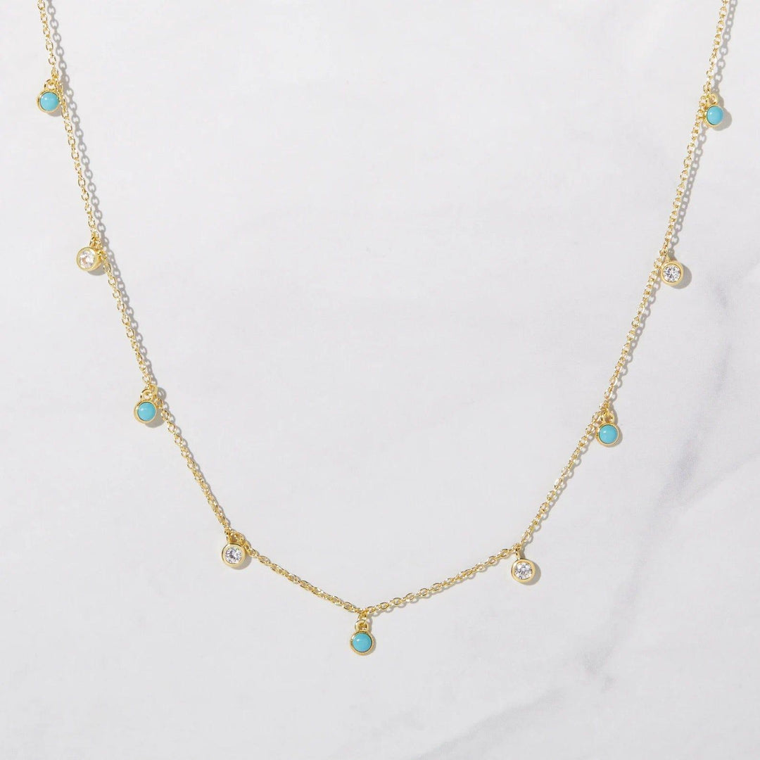 14K GOLD TURQUOISE AND MOISSANITE DANGLING CHARM DAINTY LAYERING NECKLACE