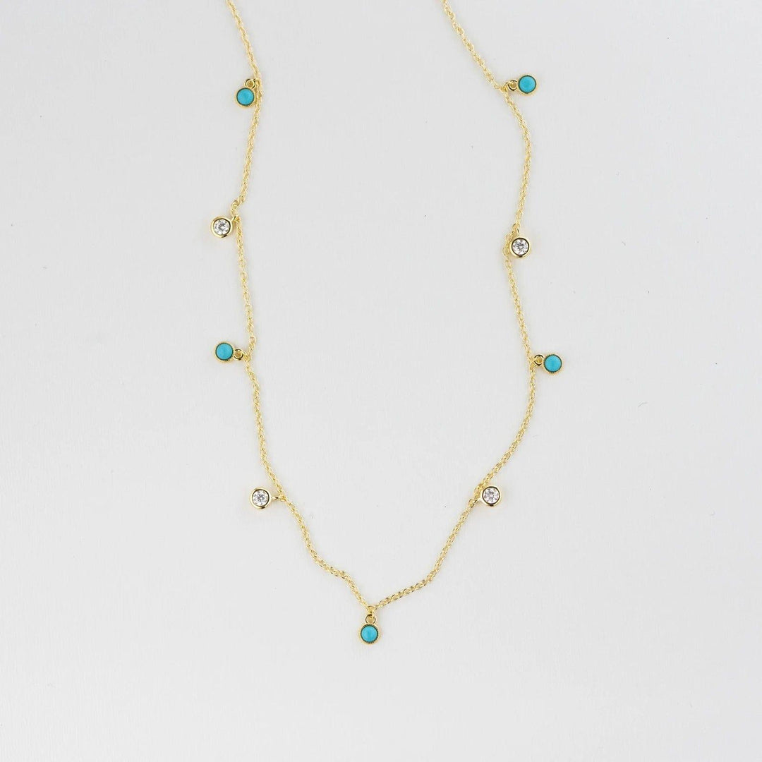 14K GOLD TURQUOISE AND MOISSANITE DANGLING CHARM DAINTY LAYERING NECKLACE