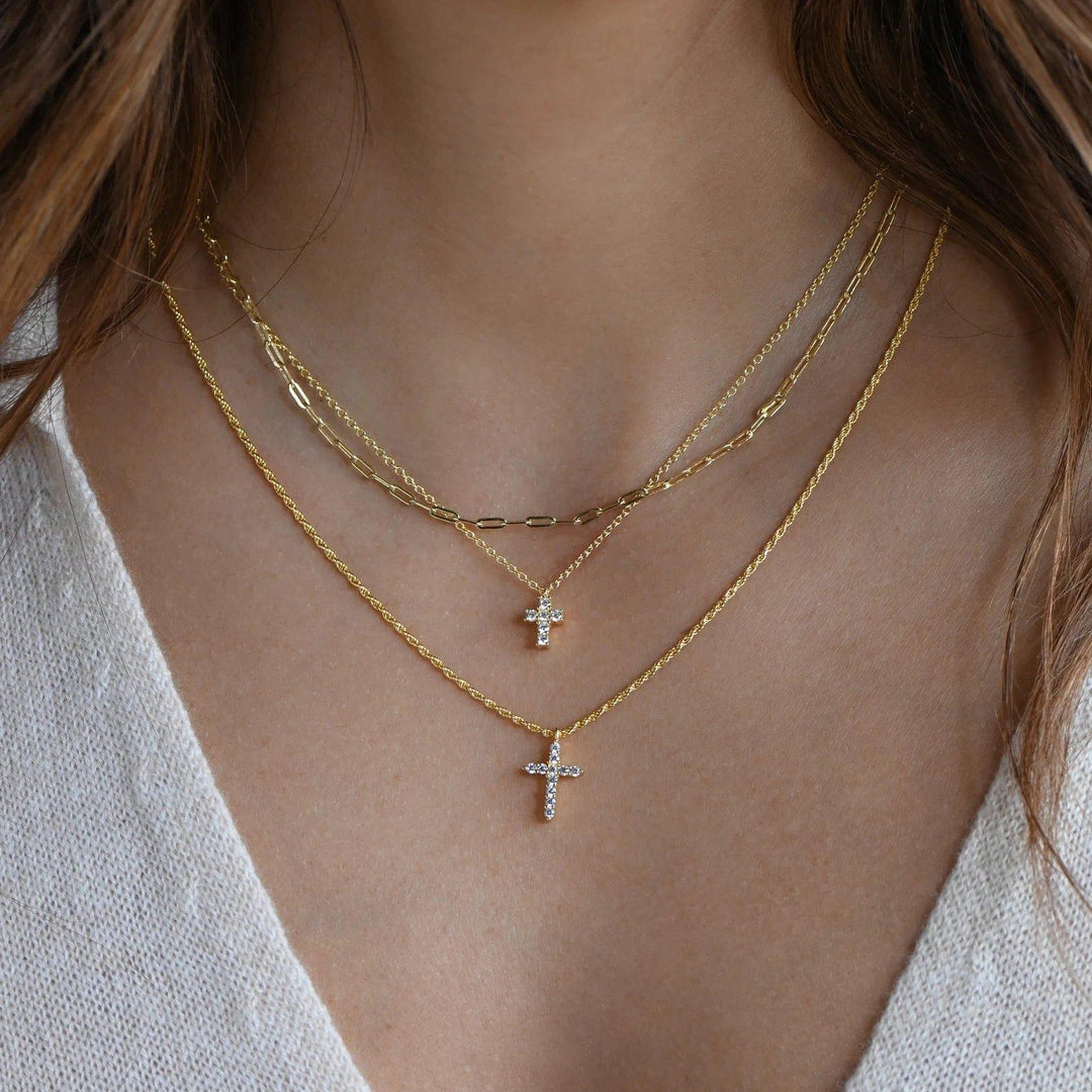 14K GOLD UNIQUE CROSS WITH ROUND MOISSANITE DIAMONDS DAINTY NECKLACE