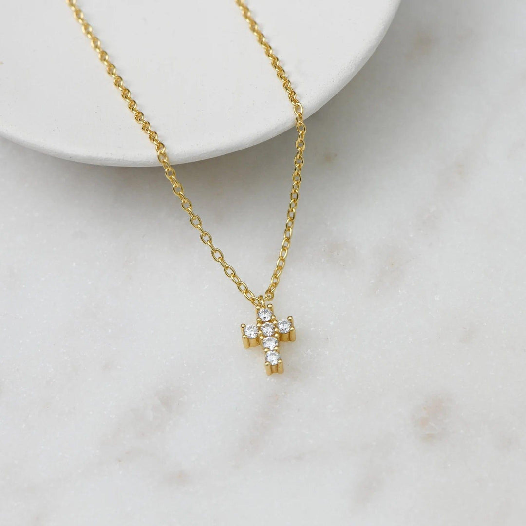 14K GOLD UNIQUE CROSS WITH ROUND MOISSANITE DIAMONDS DAINTY NECKLACE