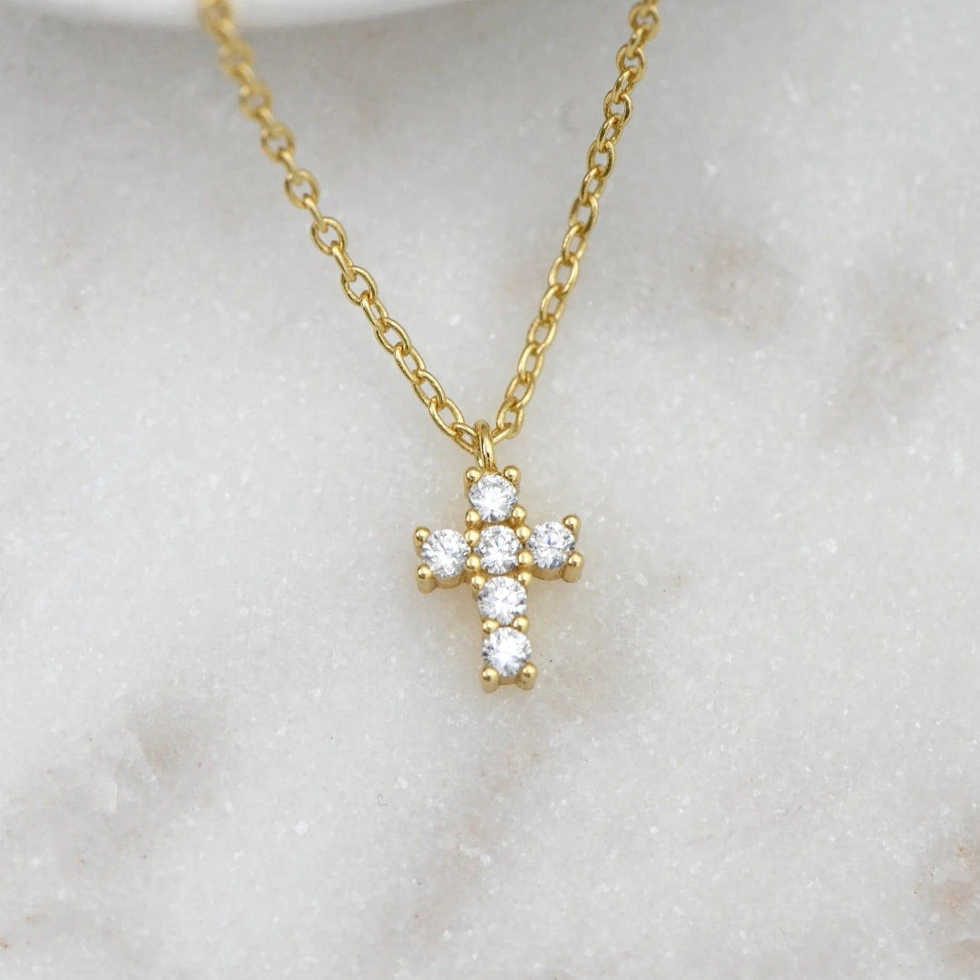 14K GOLD UNIQUE CROSS WITH ROUND MOISSANITE DIAMONDS DAINTY NECKLACE