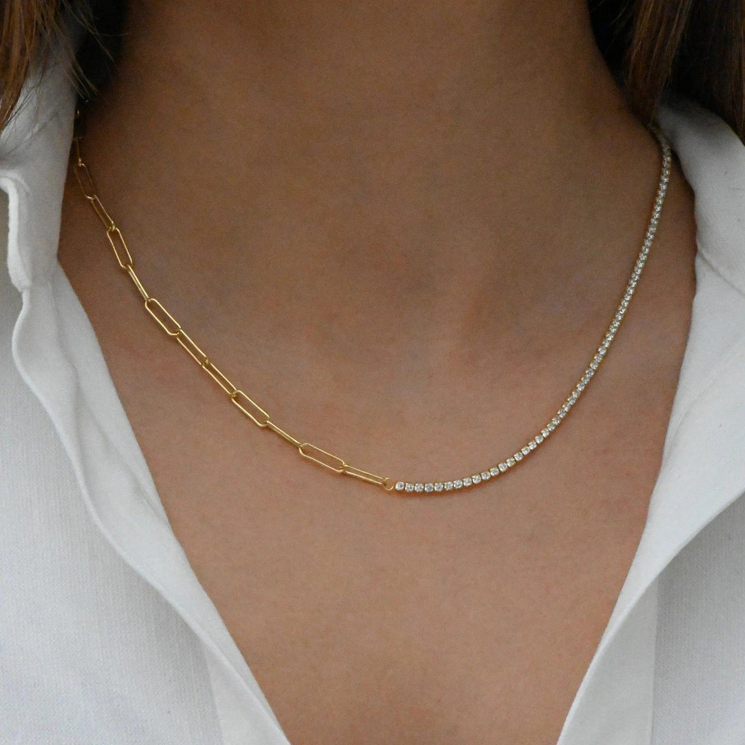 14K GOLD UNIQUE STYLE HALF 2MM TENNIS HALF PAPERCLIP NECKLACE