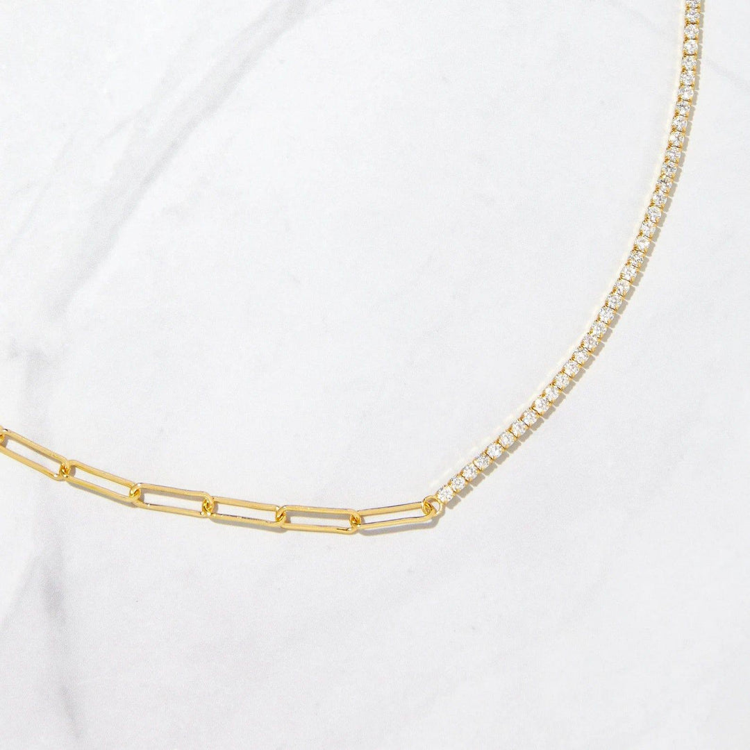 14K GOLD UNIQUE STYLE HALF 2MM TENNIS HALF PAPERCLIP NECKLACE