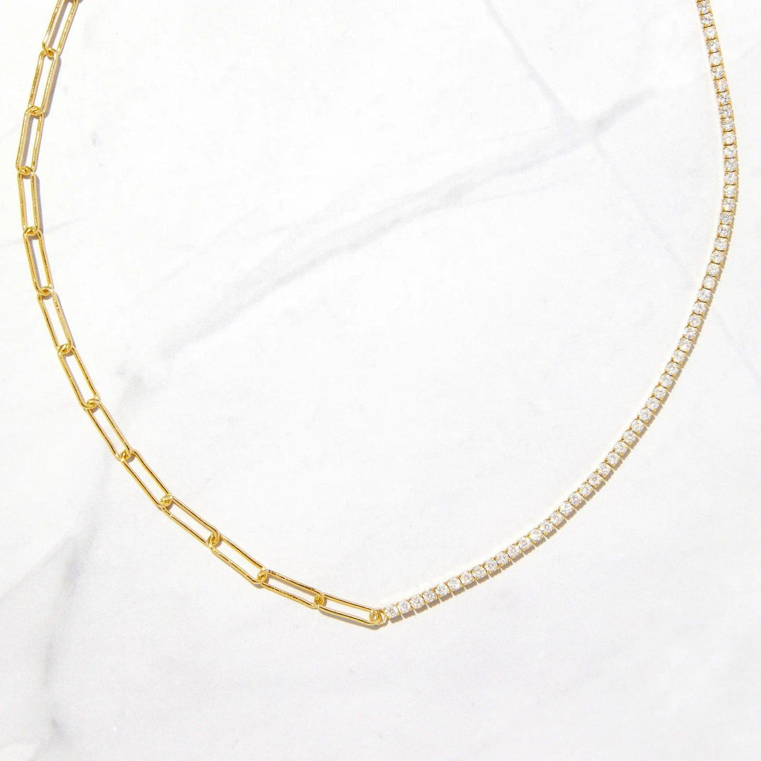 14K GOLD UNIQUE STYLE HALF 2MM TENNIS HALF PAPERCLIP NECKLACE