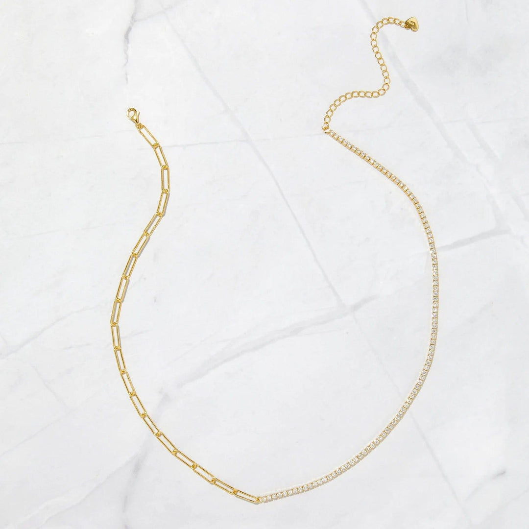 14K GOLD UNIQUE STYLE HALF 2MM TENNIS HALF PAPERCLIP NECKLACE