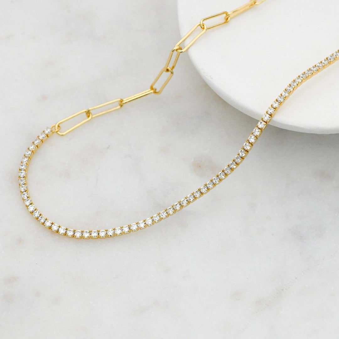 14K GOLD UNIQUE STYLE HALF 2MM TENNIS HALF PAPERCLIP NECKLACE