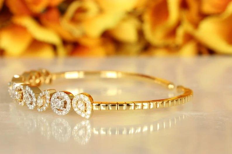 14K SOLID GOLD PEAR AND MARQUISE SHAPED DIAMOND CUFF BRACELET