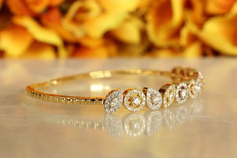 14K SOLID GOLD PEAR AND MARQUISE SHAPED DIAMOND CUFF BRACELET