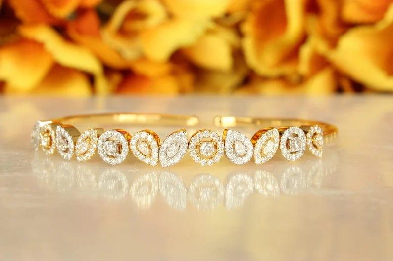 14K SOLID GOLD PEAR AND MARQUISE SHAPED DIAMOND CUFF BRACELET