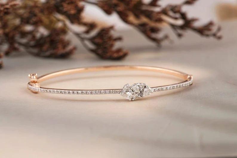 14K SOLID GOLD PEAR AND ROUND DIAMOND BANGLE BRACELET