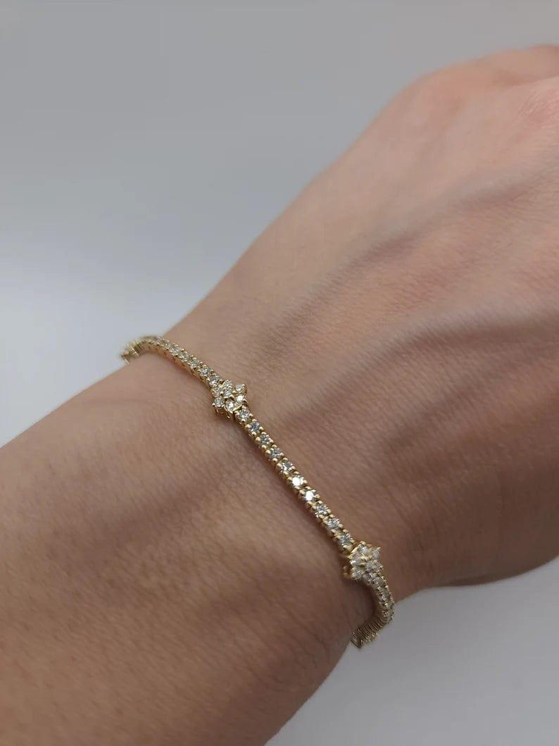 14K SOLID GOLD TENNIS FLORAL STYLE BRACELET