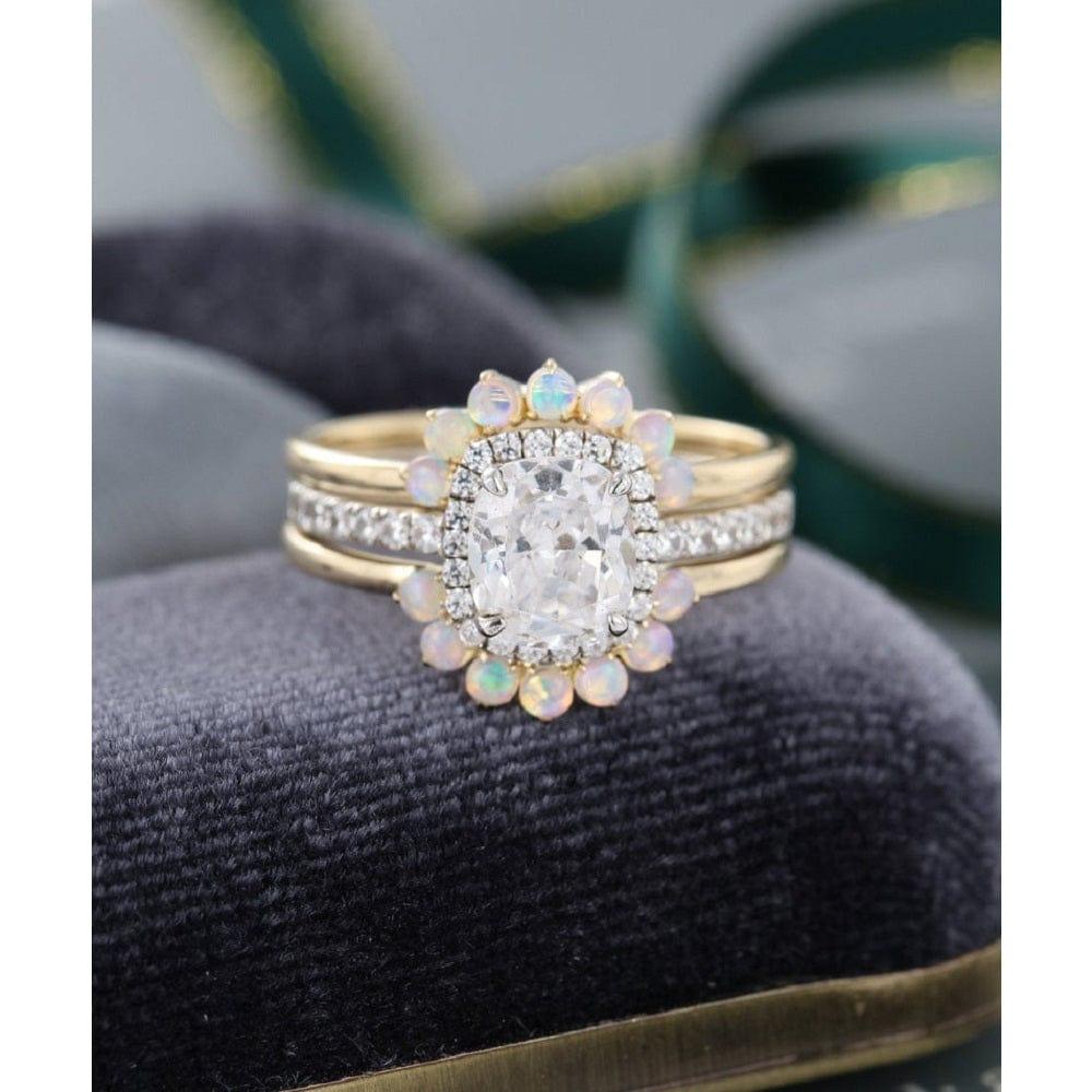 2.0CT CUSHION CUT UNIQUE ART DECO HALO CURVED OPAL MOISSANITE ENGAGEMENT RING BRIDAL SET