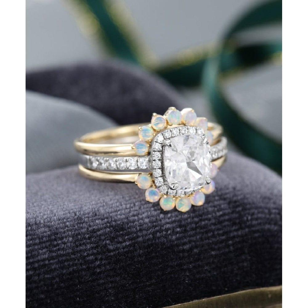 2.0CT CUSHION CUT UNIQUE ART DECO HALO CURVED OPAL MOISSANITE ENGAGEMENT RING BRIDAL SET