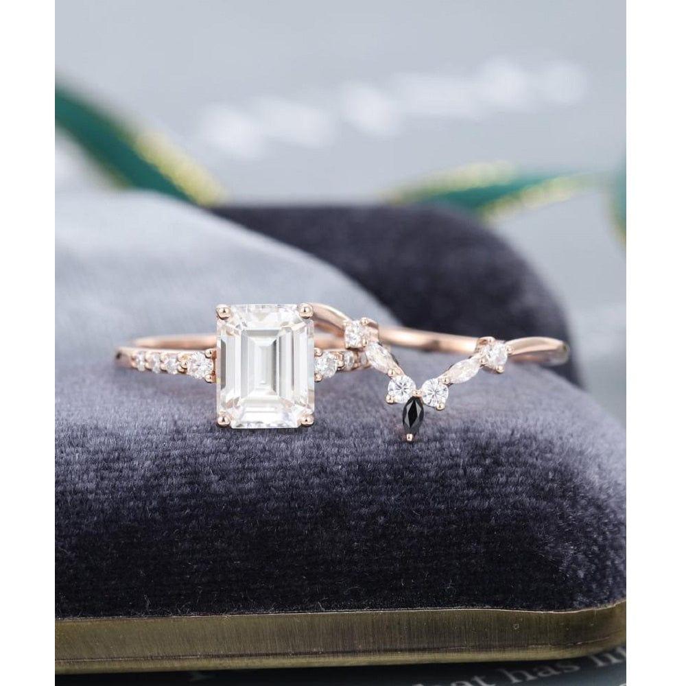 2.50CT EMERALD CUT MARQUISE CUT VINTAGE ROSE GOLD MOISSANITE ENGAGEMENT RING WITH MATCHING BAND