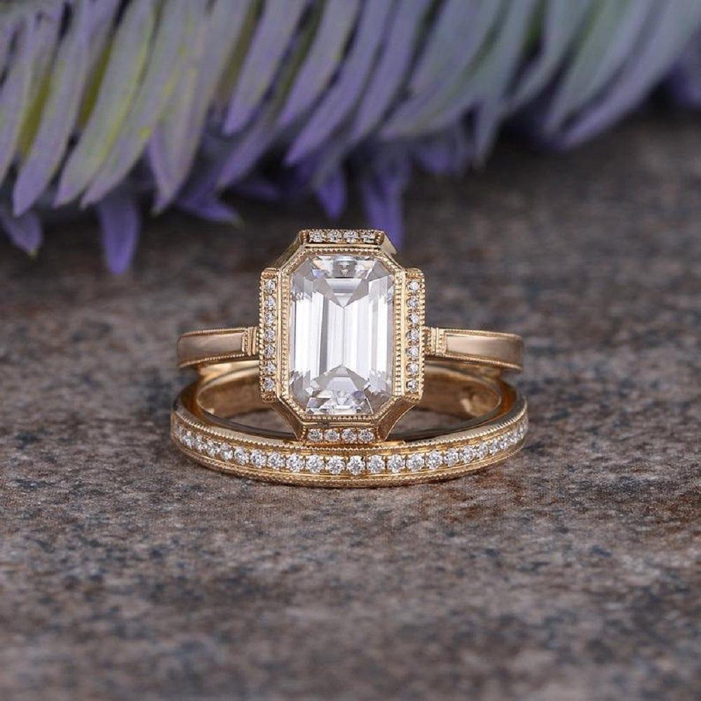 2.50CT EMERALD CUT YELLOW GOLD VINTAGE HALF ETERNITY MOISSANITE ENGAGEMENT RING BRIDAL SET