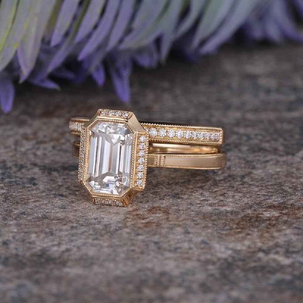 2.50CT EMERALD CUT YELLOW GOLD VINTAGE HALF ETERNITY MOISSANITE ENGAGEMENT RING BRIDAL SET