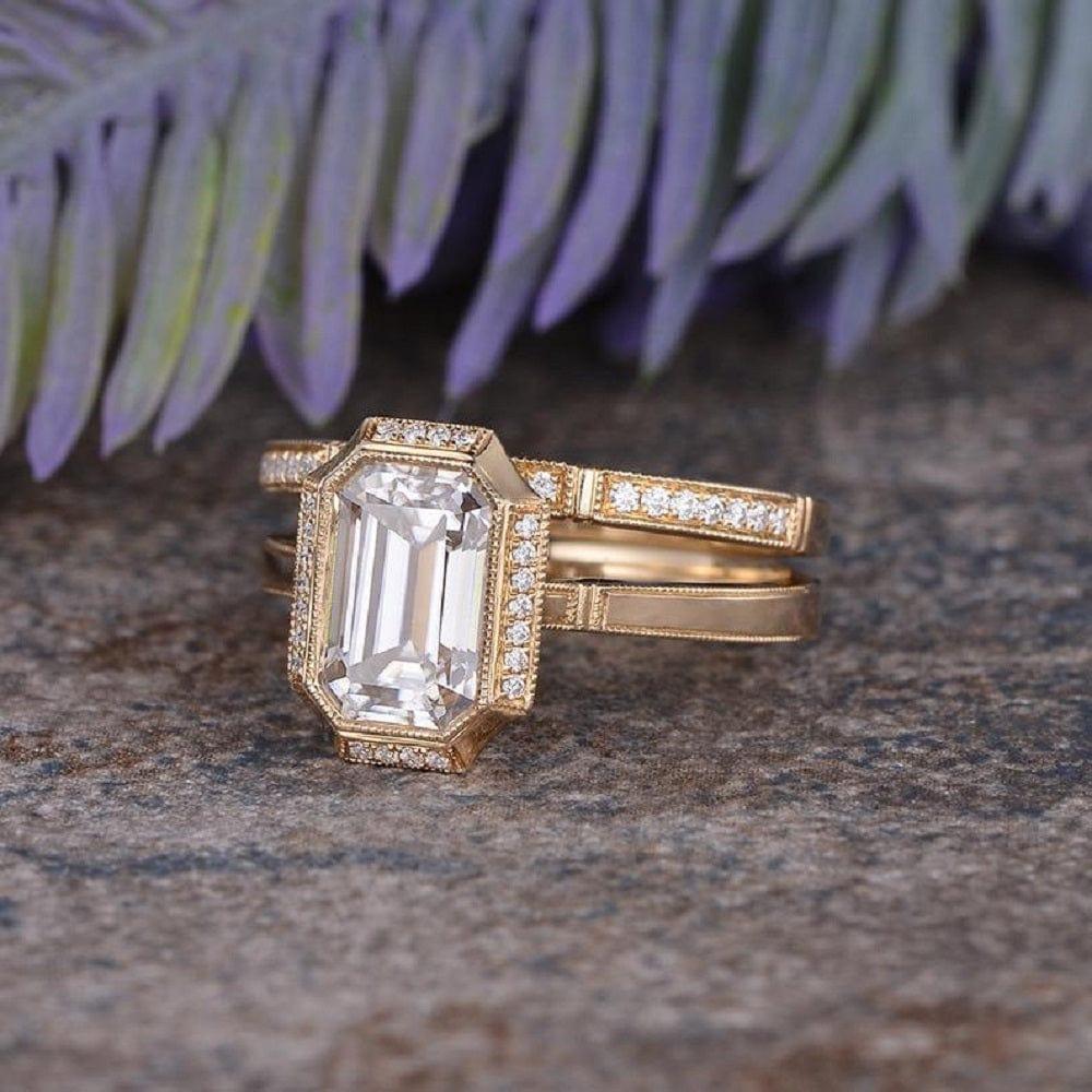 2.50CT EMERALD CUT YELLOW GOLD VINTAGE HALF ETERNITY MOISSANITE ENGAGEMENT RING BRIDAL SET