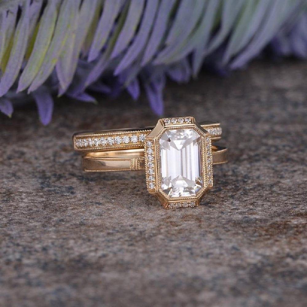 2.50CT EMERALD CUT YELLOW GOLD VINTAGE HALF ETERNITY MOISSANITE ENGAGEMENT RING BRIDAL SET