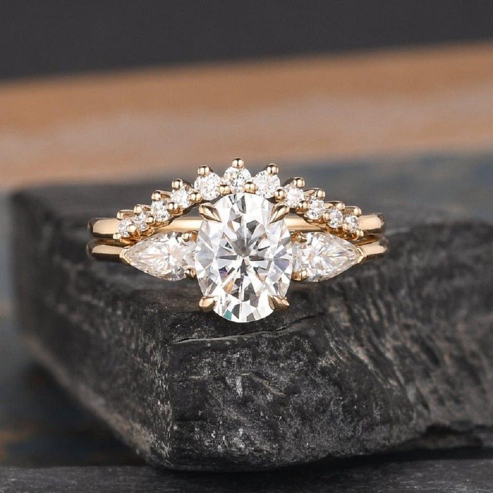 2CT OVAL CUT PEAR SHAPED THREE STONE MOISSANITE BRIDAL SET RING