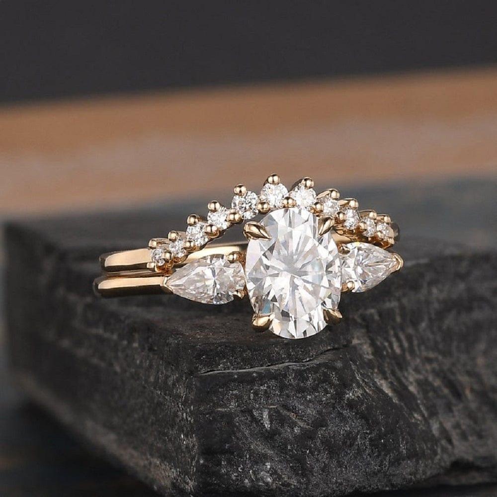 2CT OVAL CUT PEAR SHAPED THREE STONE MOISSANITE BRIDAL SET RING