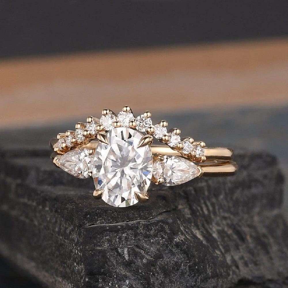 2CT OVAL CUT PEAR SHAPED THREE STONE MOISSANITE BRIDAL SET RING