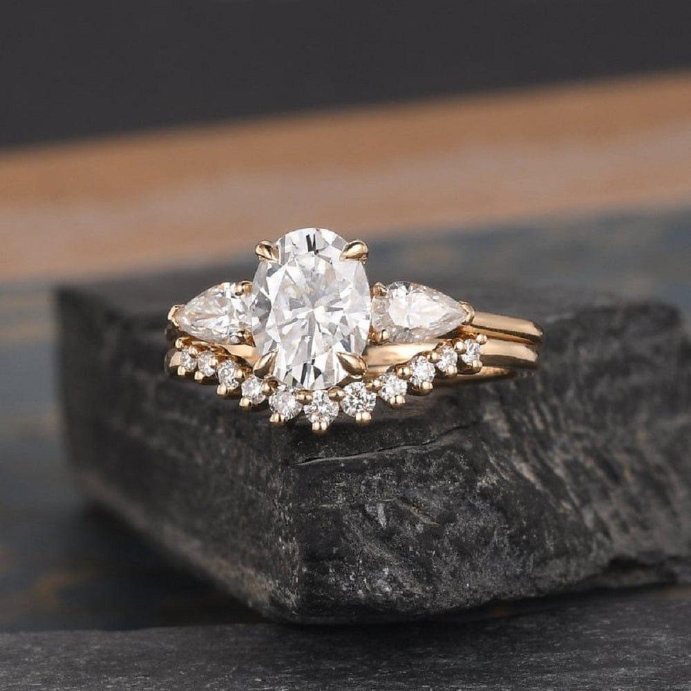 2CT OVAL CUT PEAR SHAPED THREE STONE MOISSANITE BRIDAL SET RING