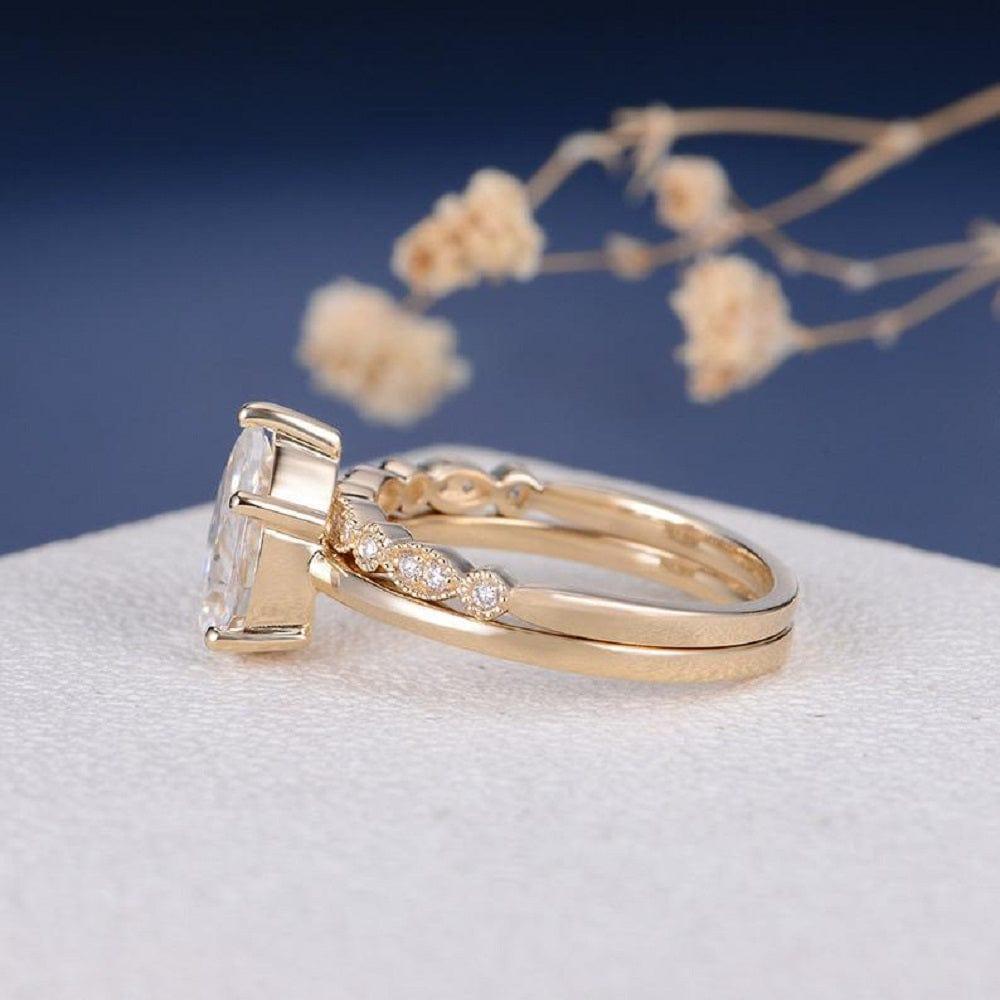 2CT PEAR SHAPED STACKING MINIMALIST YELLOW GOLD SOLITAIRE 2PCS MOISSANITE ENGAGEMENT RING