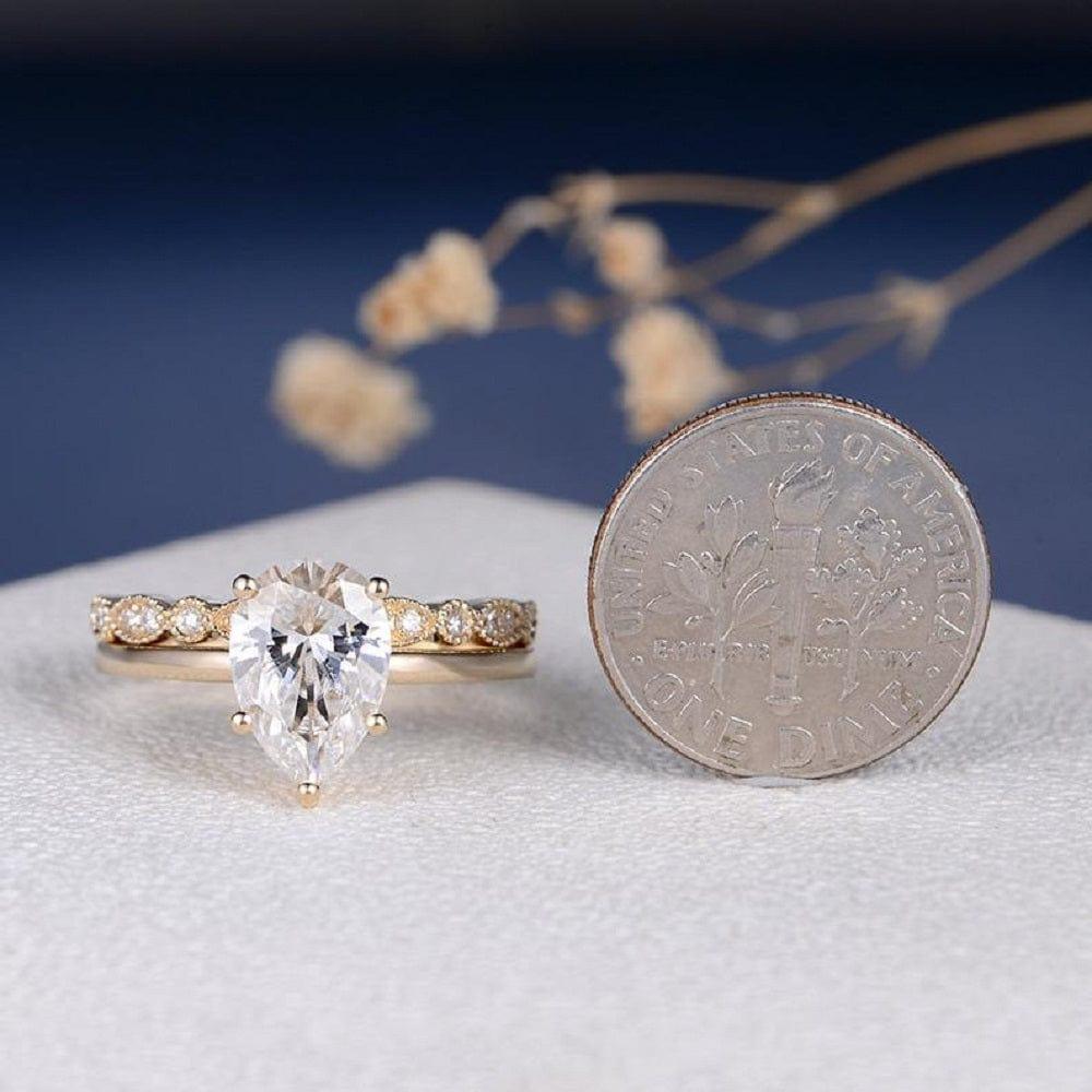 2CT PEAR SHAPED STACKING MINIMALIST YELLOW GOLD SOLITAIRE 2PCS MOISSANITE ENGAGEMENT RING