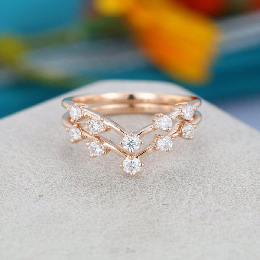 2PCS ROSE GOLD CURVED WEDDING BRIDAL STACKING MOISSANITE ETERNITY BAND