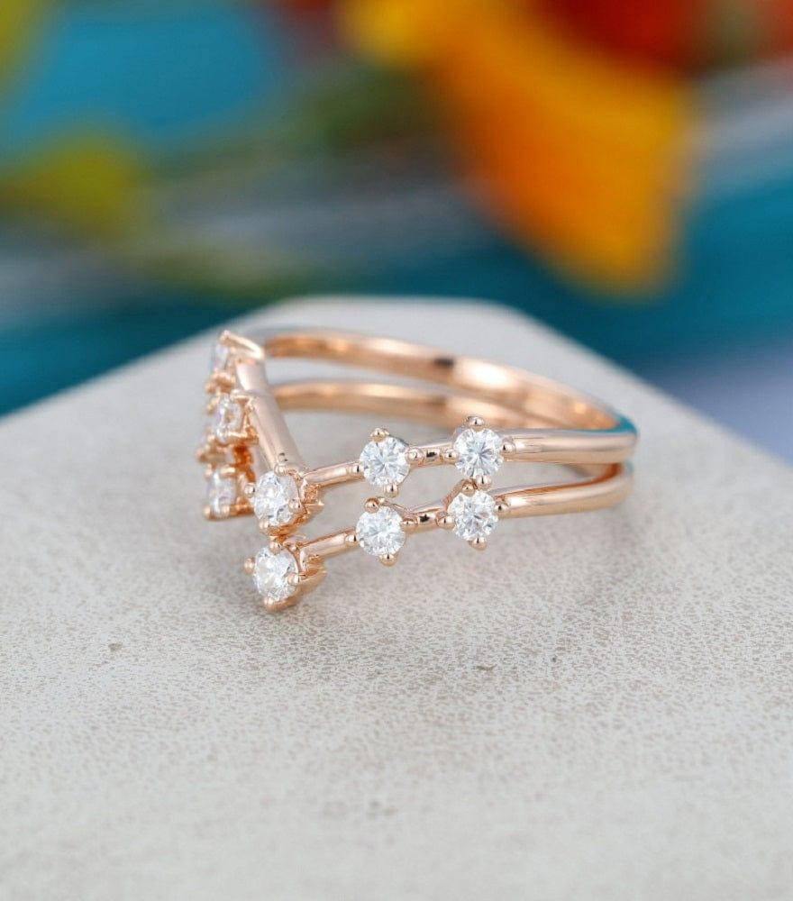 2PCS ROSE GOLD CURVED WEDDING BRIDAL STACKING MOISSANITE ETERNITY BAND