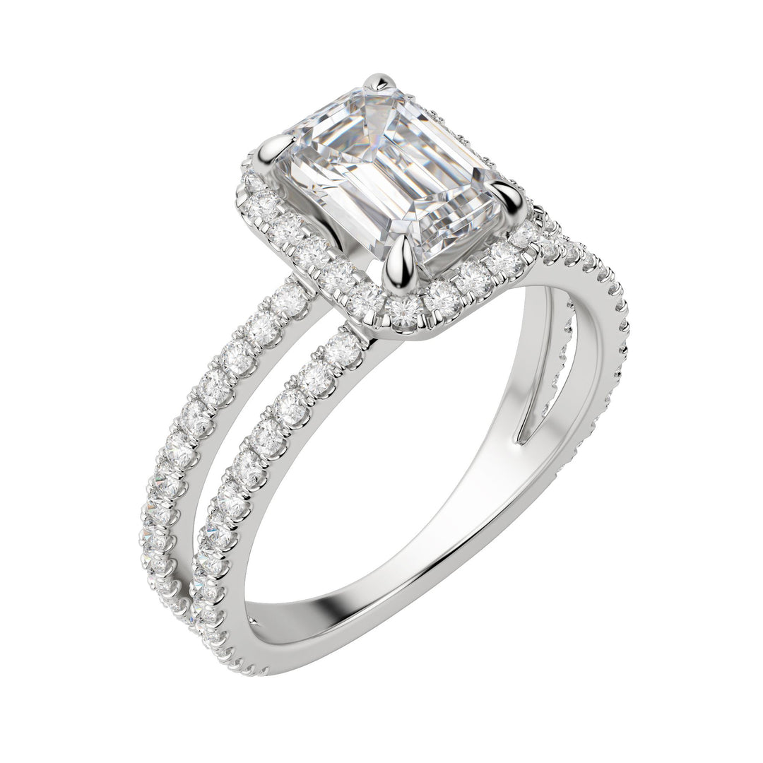 DUET HALO EMERALD CUT MOISSANITE ENGAGEMENT RING