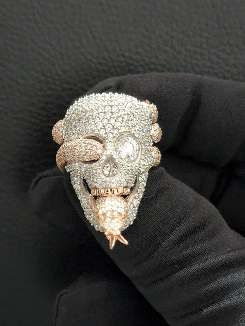 3D SKULL FACE & SNAKE 925 SILVER STUDDED MOISSANITE DIAMOND MAN’S HIP HOP RING