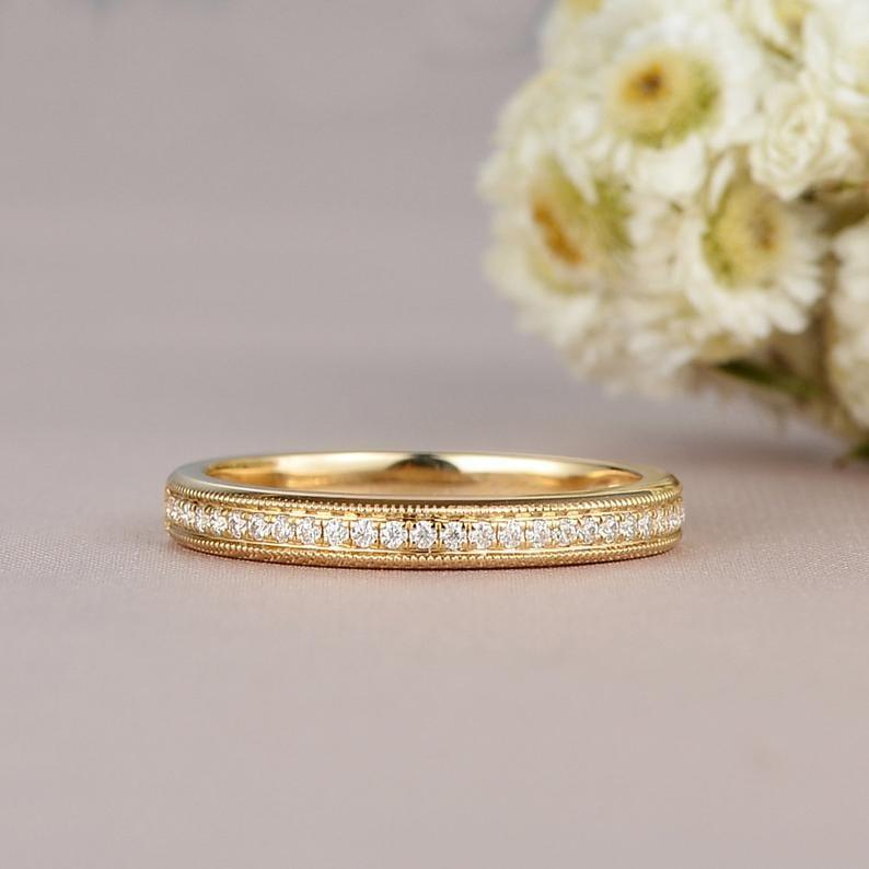 3MM WIDE WOMEN MILGRAIN YELLOW GOLD HALF ETERNITY MOISSANITE WEDDING BAND