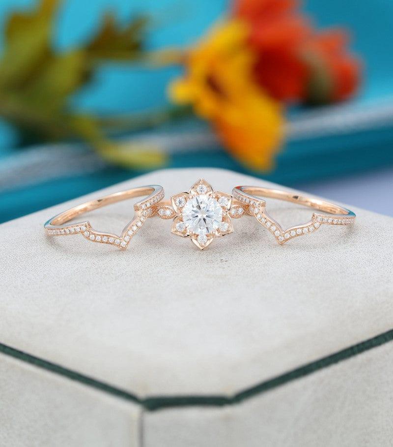 3PCS FLOWER SHAPE ROSE GOLD MILGRAIN MARQUISE WEDDING BRIDAL MOISSANITE RING SET