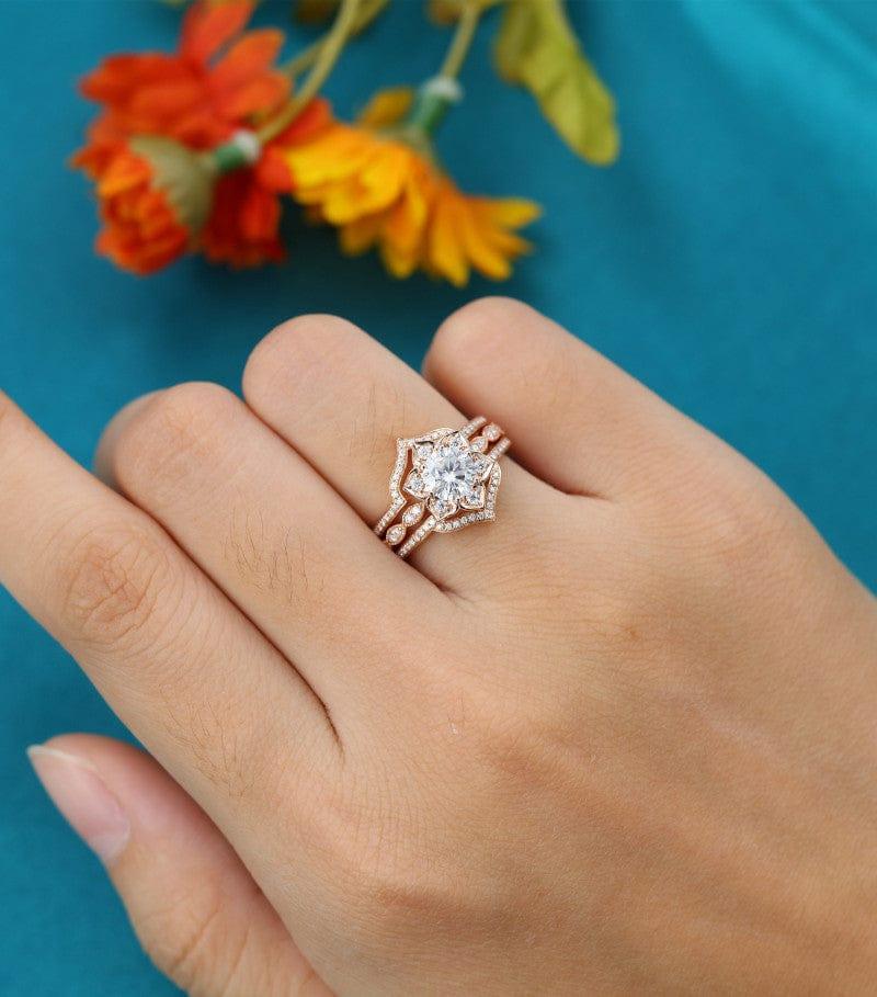 3PCS FLOWER SHAPE ROSE GOLD MILGRAIN MARQUISE WEDDING BRIDAL MOISSANITE RING SET