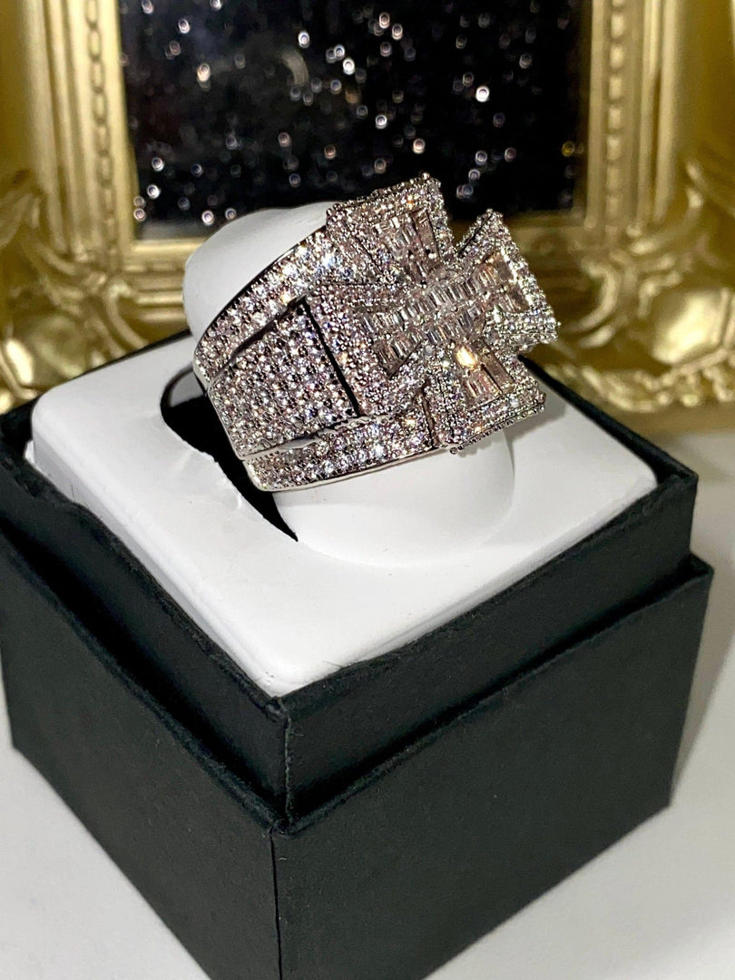 BAGUETTE CROSS MEN’S ICE OUT 5X LAYERED DIAMOND MOISSANITE DESIGNER BIG RING