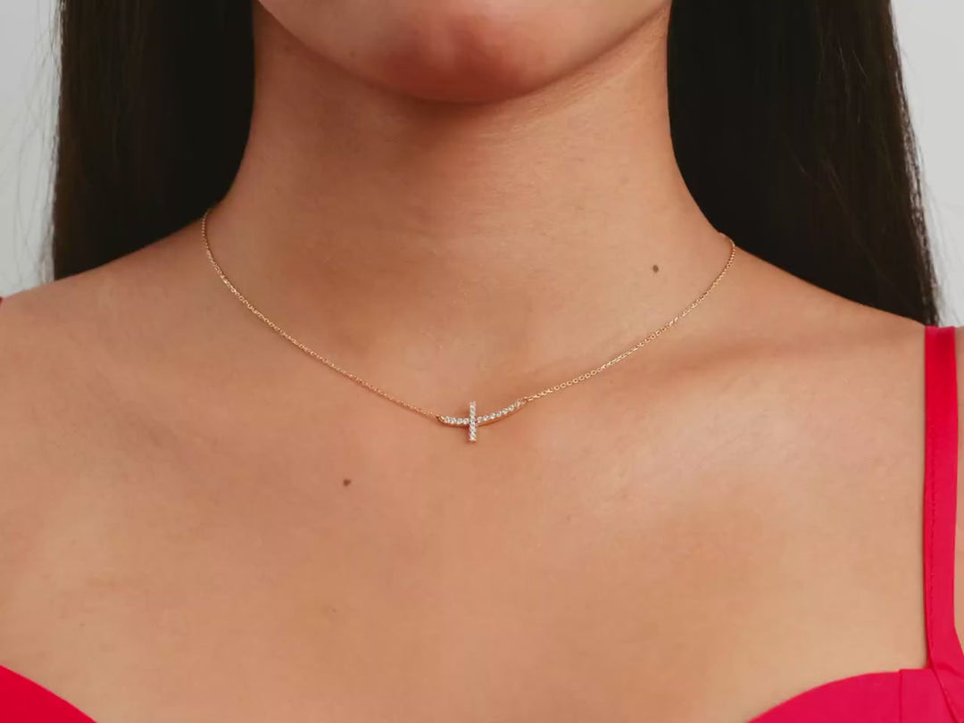 14K GOLD MOISSANITE DIAMONDS SIDEWAYS CROSS NECKLACE