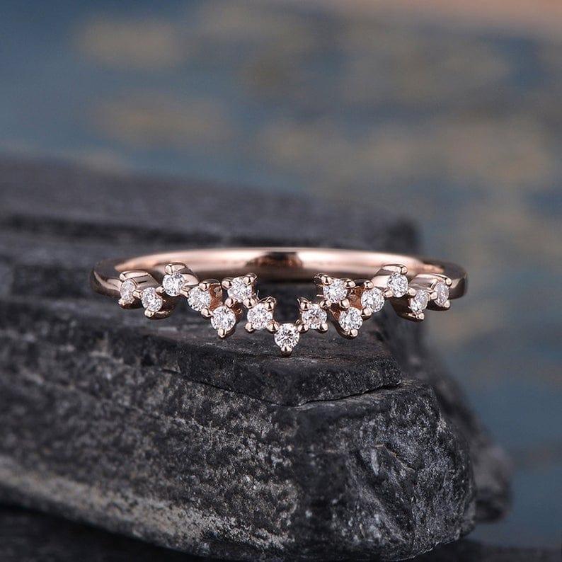 CLUSTER MOISSANITE DIAMOND MATCHING STACKING UNIQUE ZIG ZAG ROSE GOLD WEDDING BAND