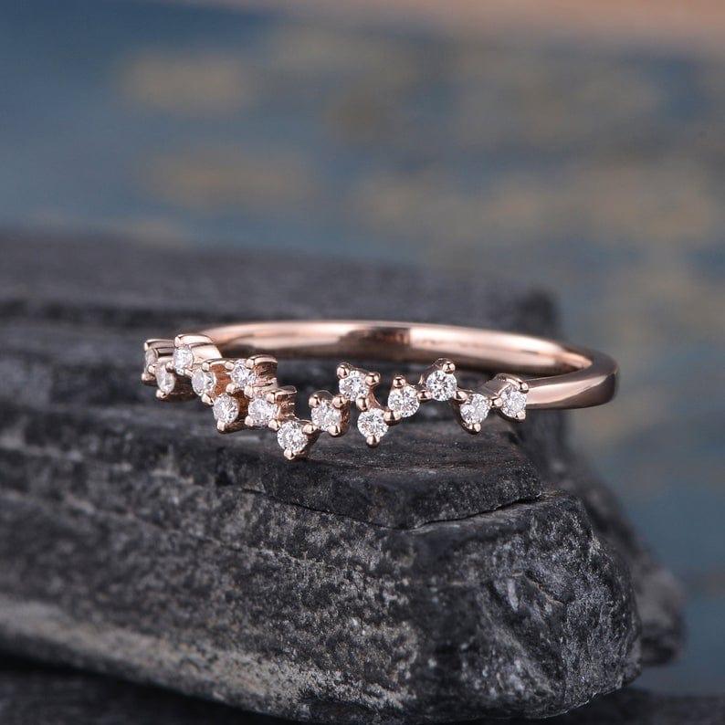 CLUSTER MOISSANITE DIAMOND MATCHING STACKING UNIQUE ZIG ZAG ROSE GOLD WEDDING BAND