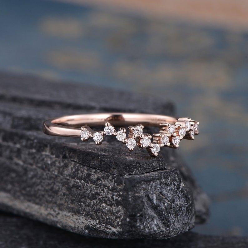 CLUSTER MOISSANITE DIAMOND MATCHING STACKING UNIQUE ZIG ZAG ROSE GOLD WEDDING BAND