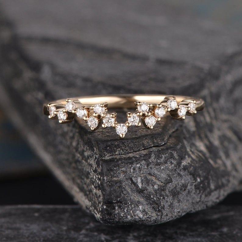 CLUSTER MOISSANITE DIAMOND MATCHING STACKING UNIQUE ZIG ZAG ROSE GOLD WEDDING BAND