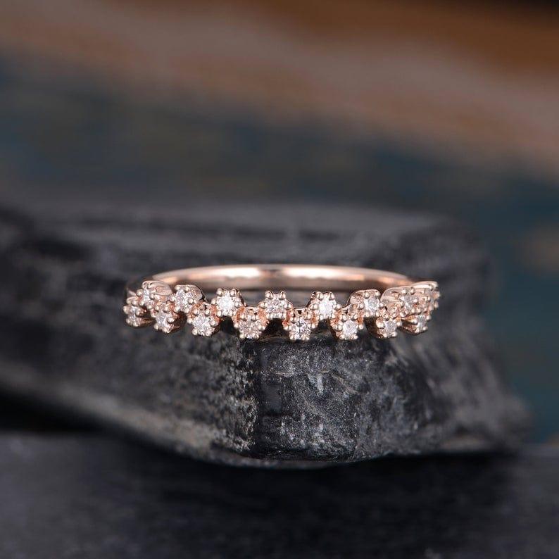 CLUSTER MOISSANITE ROSE GOLD BEADED HALF ETERNITY STACKING MATCHING BRIDAL WEDDING BAND