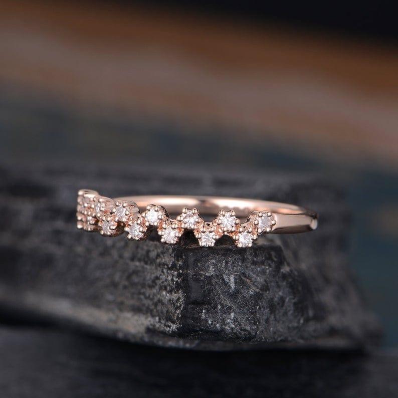 CLUSTER MOISSANITE ROSE GOLD BEADED HALF ETERNITY STACKING MATCHING BRIDAL WEDDING BAND