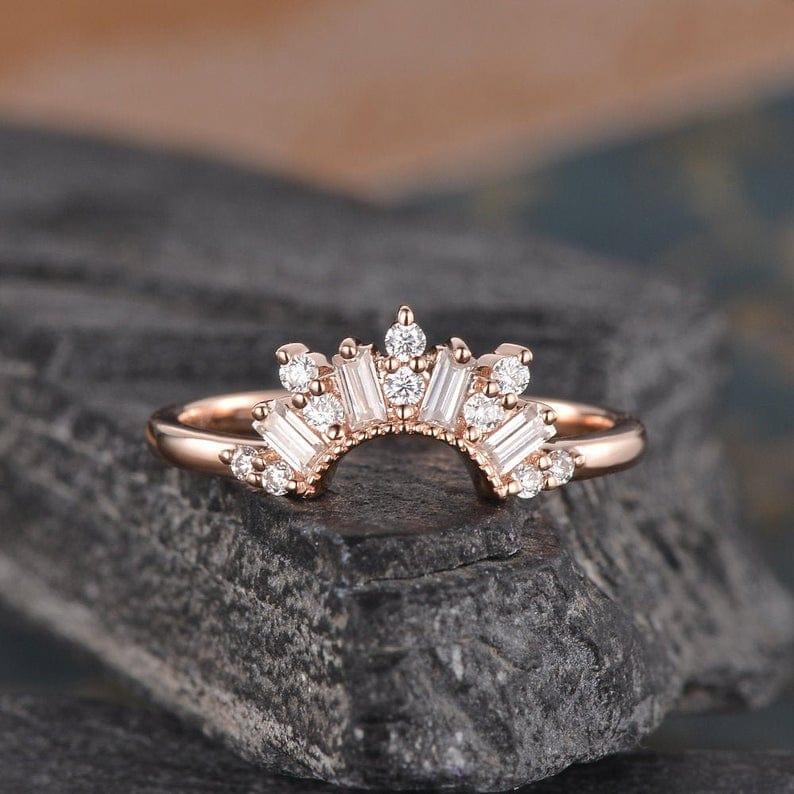 CURVED ROSE GOLD CHEVRON CUSTOM MADE BAGUETTE CUT CLUSTER MOISSANITE WEDDING BAND