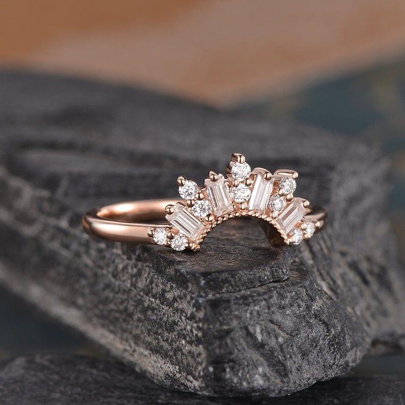 CURVED ROSE GOLD CHEVRON CUSTOM MADE BAGUETTE CUT CLUSTER MOISSANITE WEDDING BAND