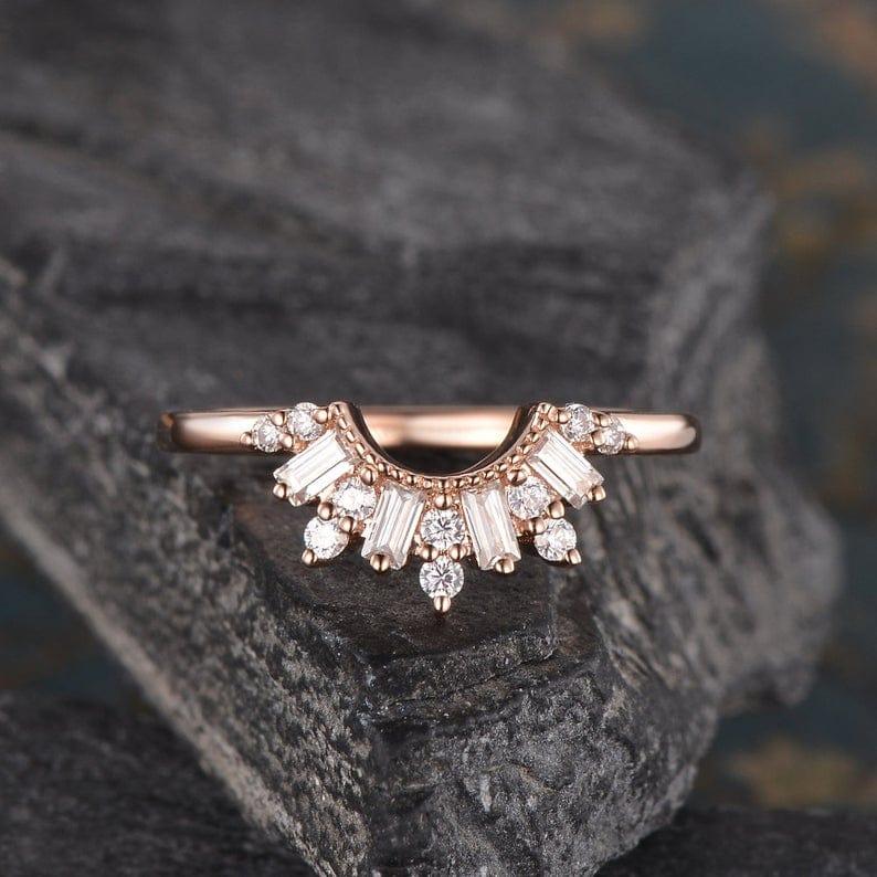 CURVED ROSE GOLD CHEVRON CUSTOM MADE BAGUETTE CUT CLUSTER MOISSANITE WEDDING BAND