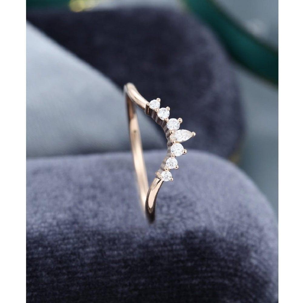 CURVED ROSE GOLD UNIQUE MARQUISE CUT CLUSTER STACKING MATCHING MOISSANITE WEDDING BAND