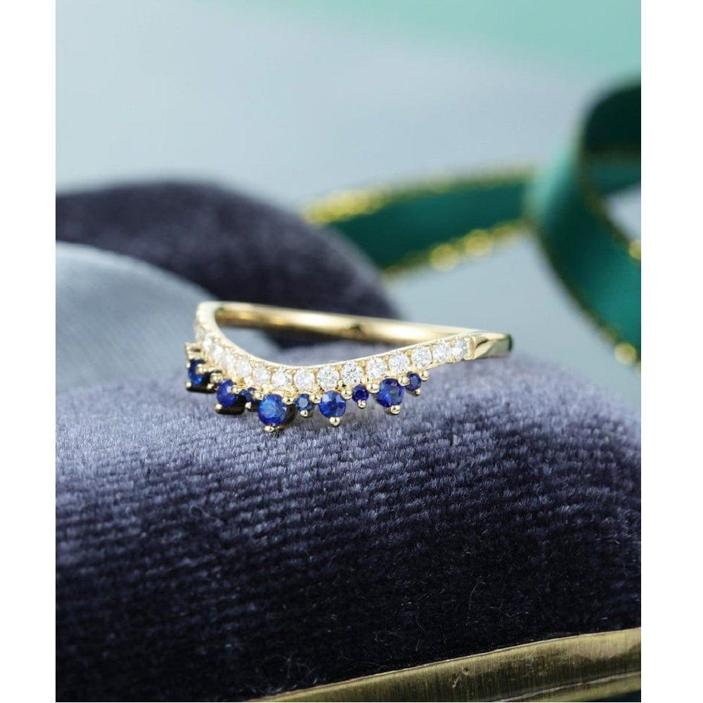 CURVED VINTAGE SOLID YELLOW/WHITE GOLD MOISSSANITE AND SAPPHIRE STACKING WEDDING BAND