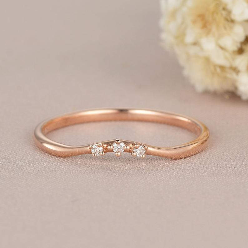 DAINTY ROSE GOLD MATCHING THREE STONE MOISSANITE WEDDING BAND GIFT FOR WOMEN